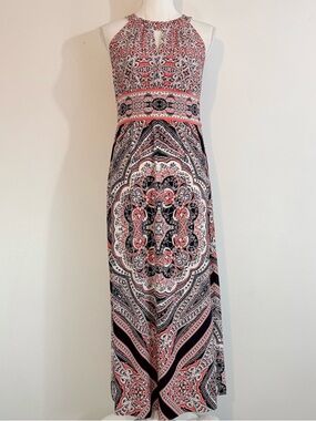London Times Coral & Black Boho Medallion Halter Maxi Dress Size 6